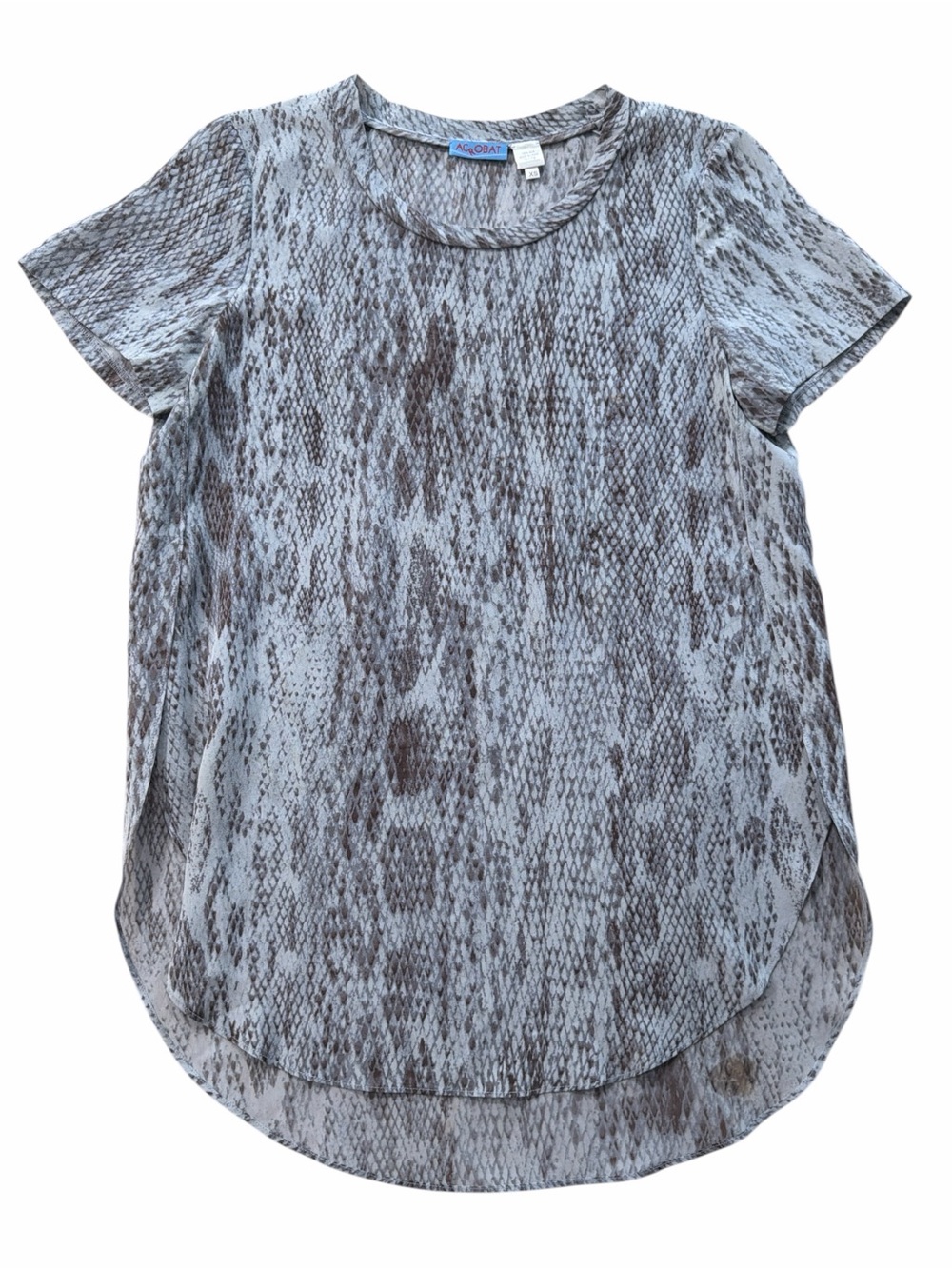 Acrobat 100% Silk Grey Reptile Snake Print Short Sleeve Tunic Blouse